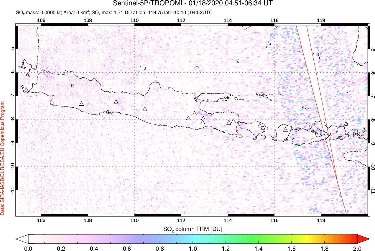A sulfur dioxide image over Java, Indonesia on Jan 18, 2020.