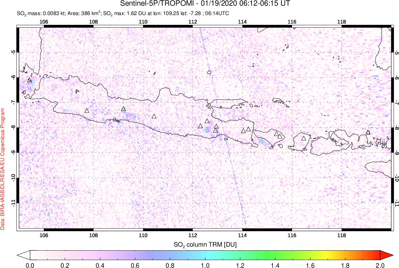 A sulfur dioxide image over Java, Indonesia on Jan 19, 2020.