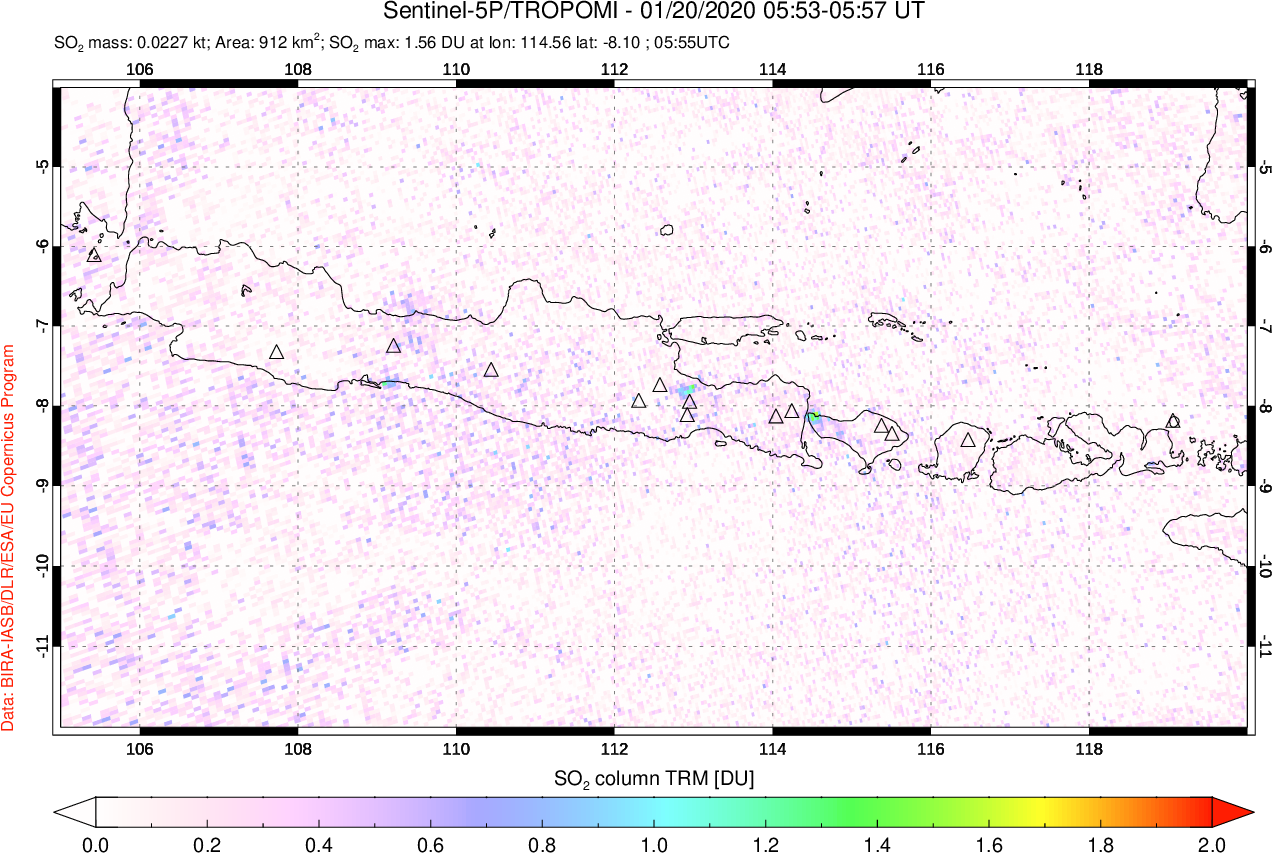 A sulfur dioxide image over Java, Indonesia on Jan 20, 2020.