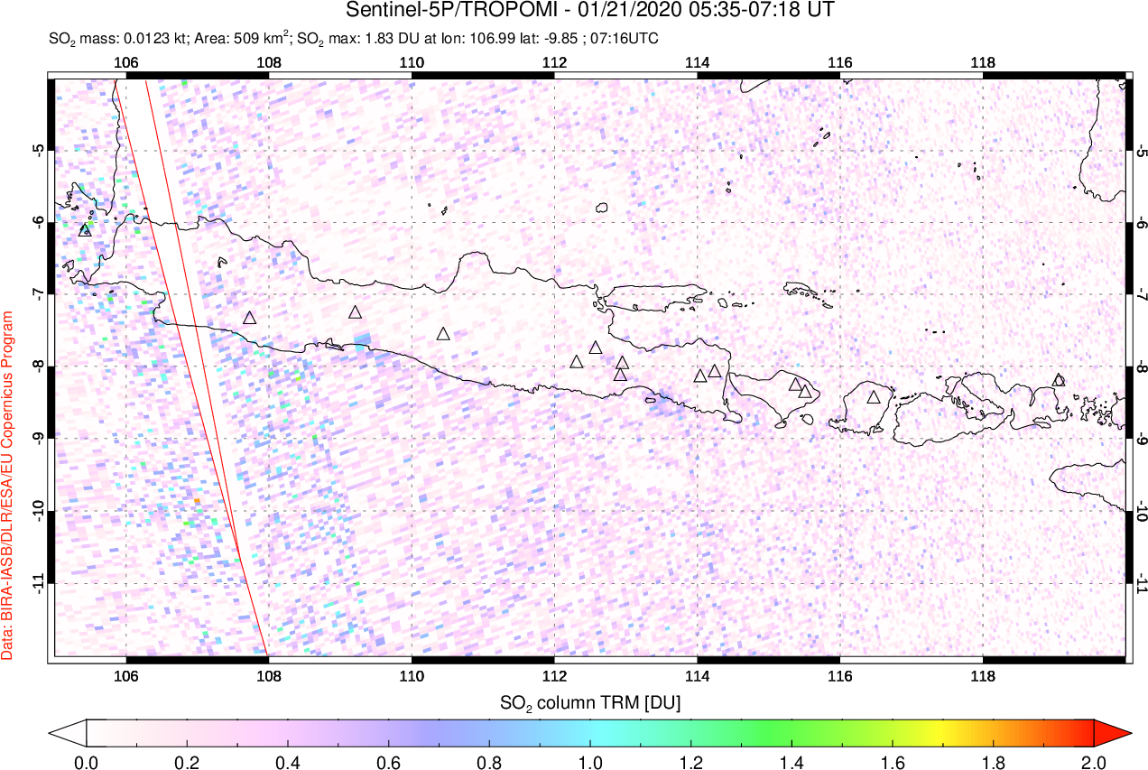 A sulfur dioxide image over Java, Indonesia on Jan 21, 2020.