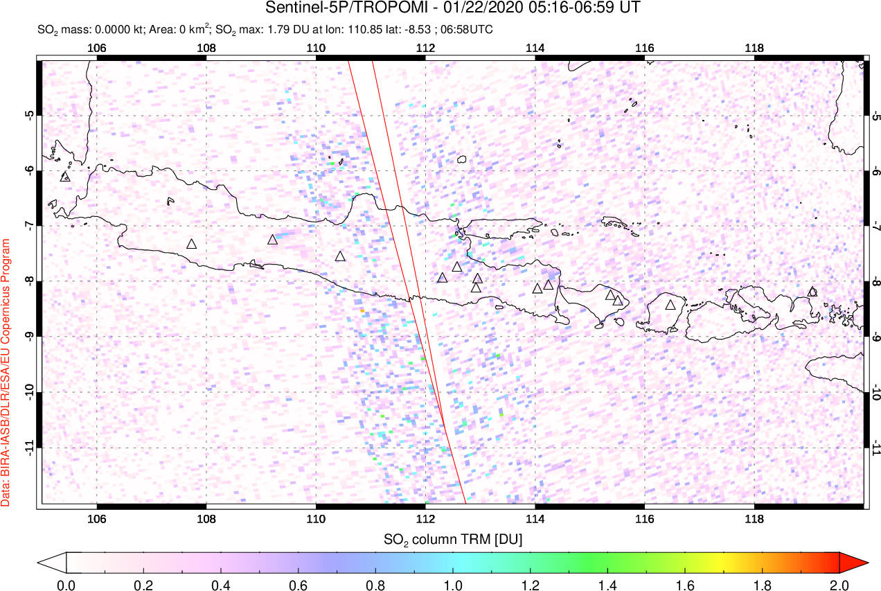 A sulfur dioxide image over Java, Indonesia on Jan 22, 2020.