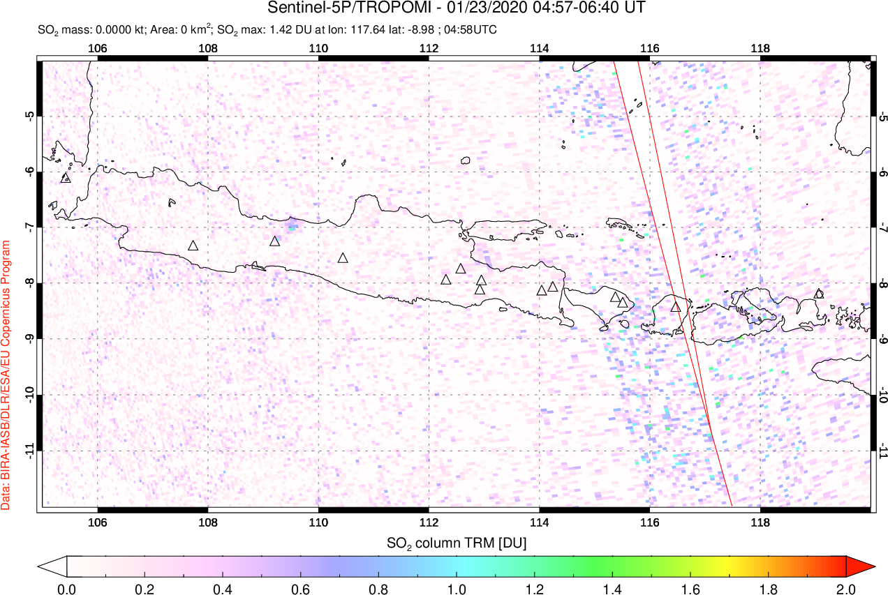 A sulfur dioxide image over Java, Indonesia on Jan 23, 2020.