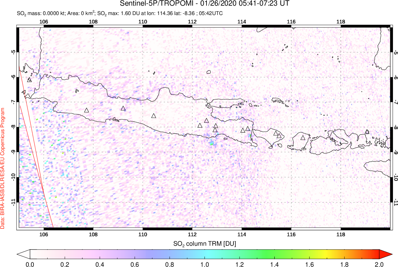 A sulfur dioxide image over Java, Indonesia on Jan 26, 2020.