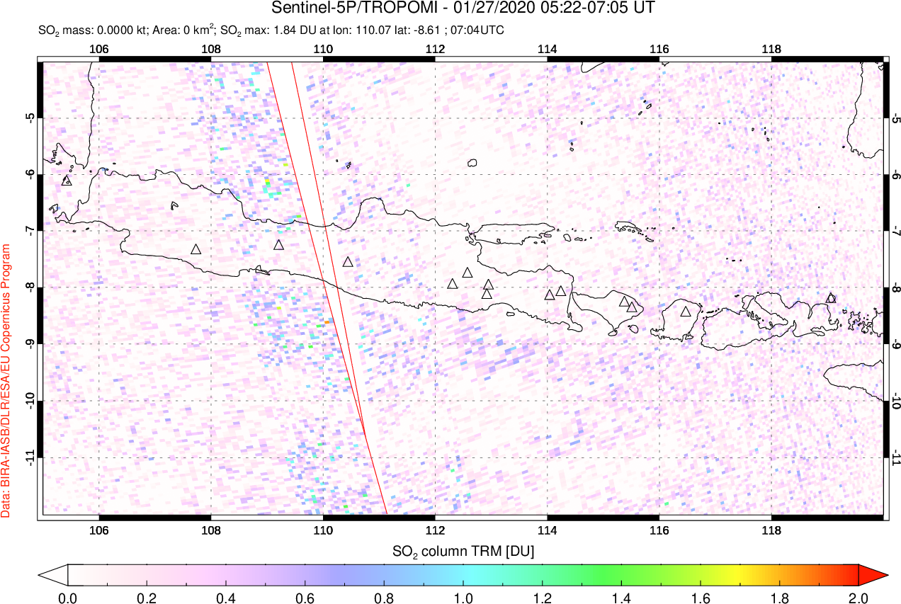 A sulfur dioxide image over Java, Indonesia on Jan 27, 2020.