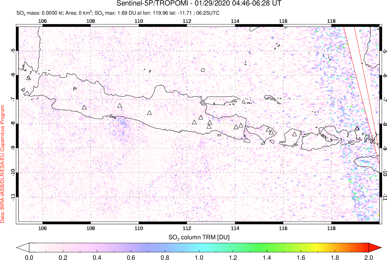 A sulfur dioxide image over Java, Indonesia on Jan 29, 2020.