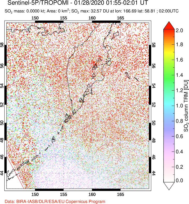 A sulfur dioxide image over Kamchatka, Russian Federation on Jan 28, 2020.