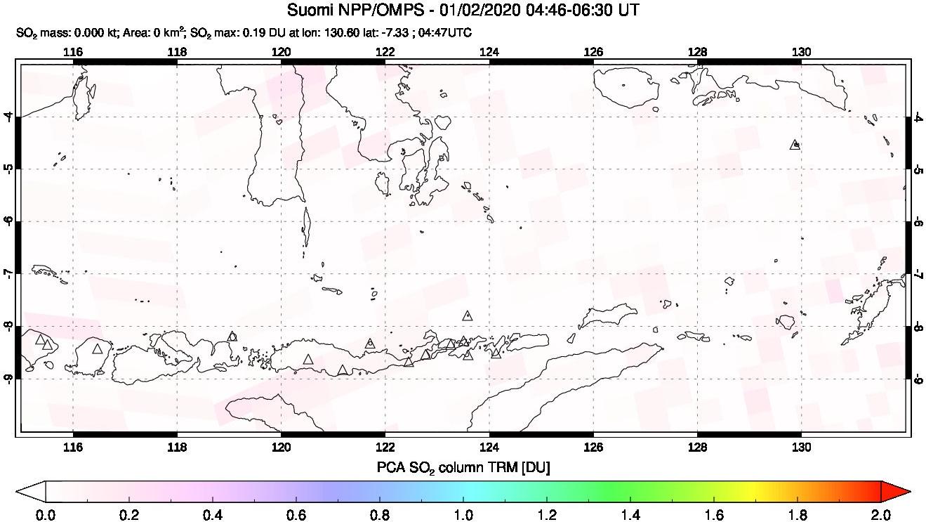 A sulfur dioxide image over Lesser Sunda Islands, Indonesia on Jan 02, 2020.