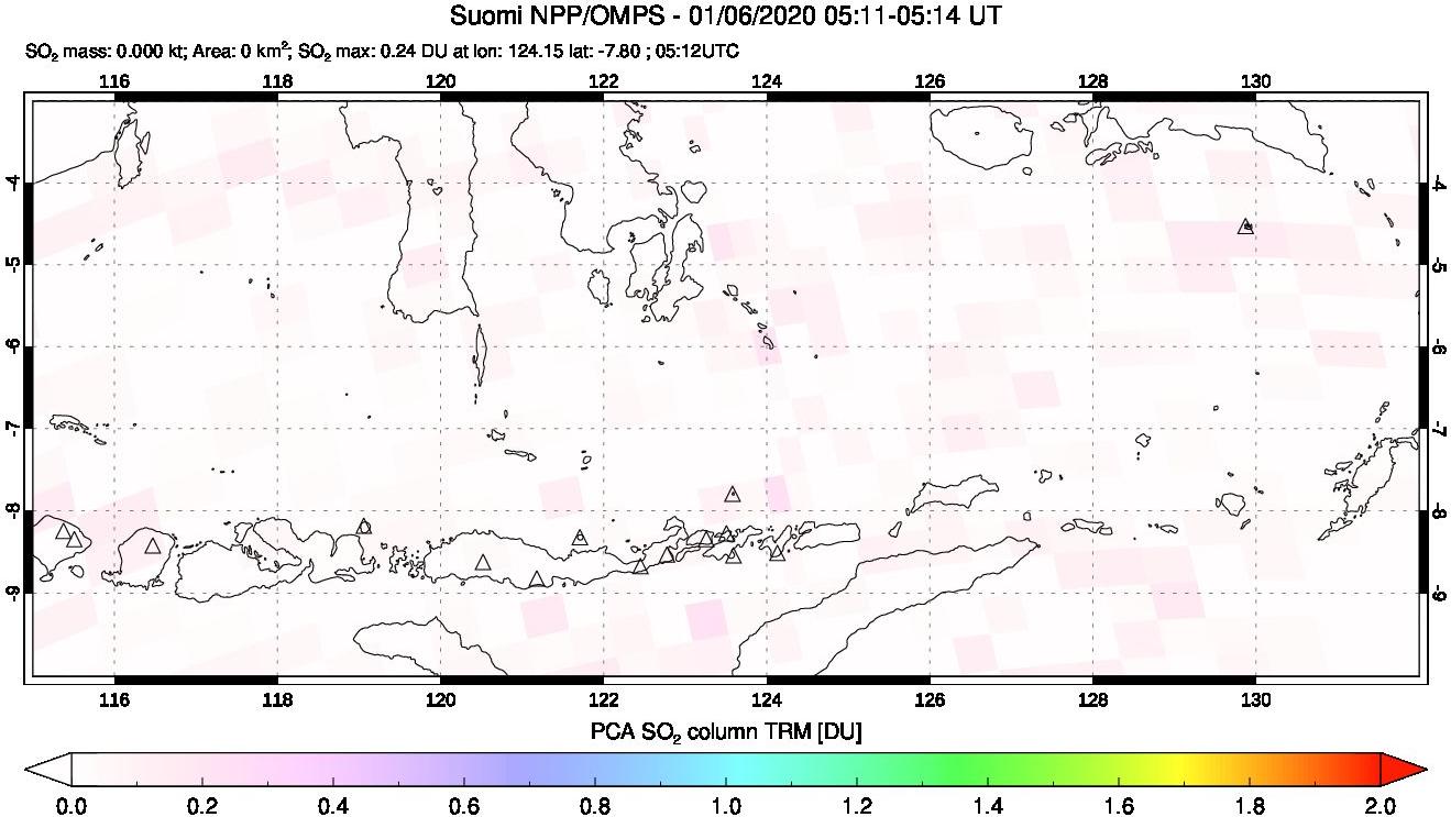 A sulfur dioxide image over Lesser Sunda Islands, Indonesia on Jan 06, 2020.