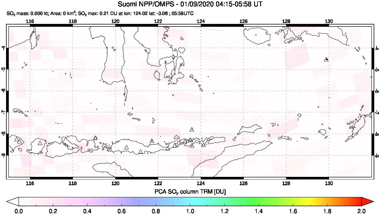 A sulfur dioxide image over Lesser Sunda Islands, Indonesia on Jan 09, 2020.