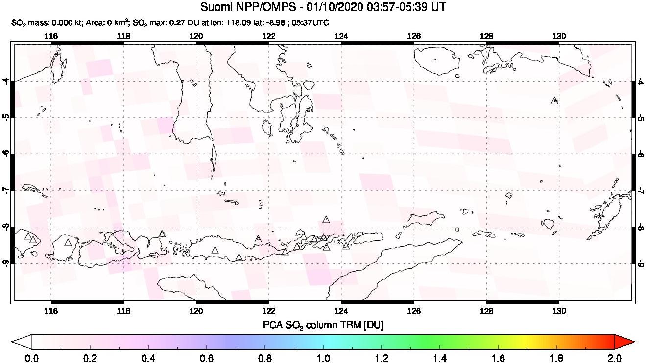 A sulfur dioxide image over Lesser Sunda Islands, Indonesia on Jan 10, 2020.