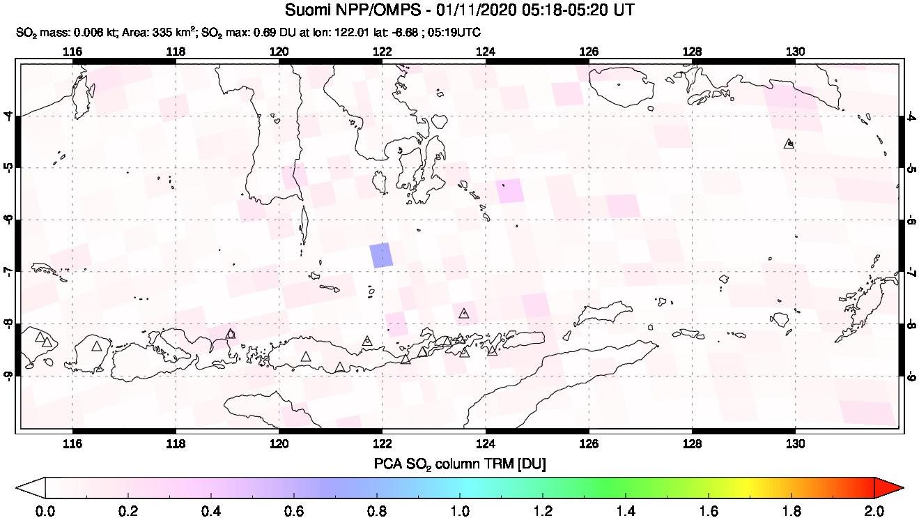 A sulfur dioxide image over Lesser Sunda Islands, Indonesia on Jan 11, 2020.