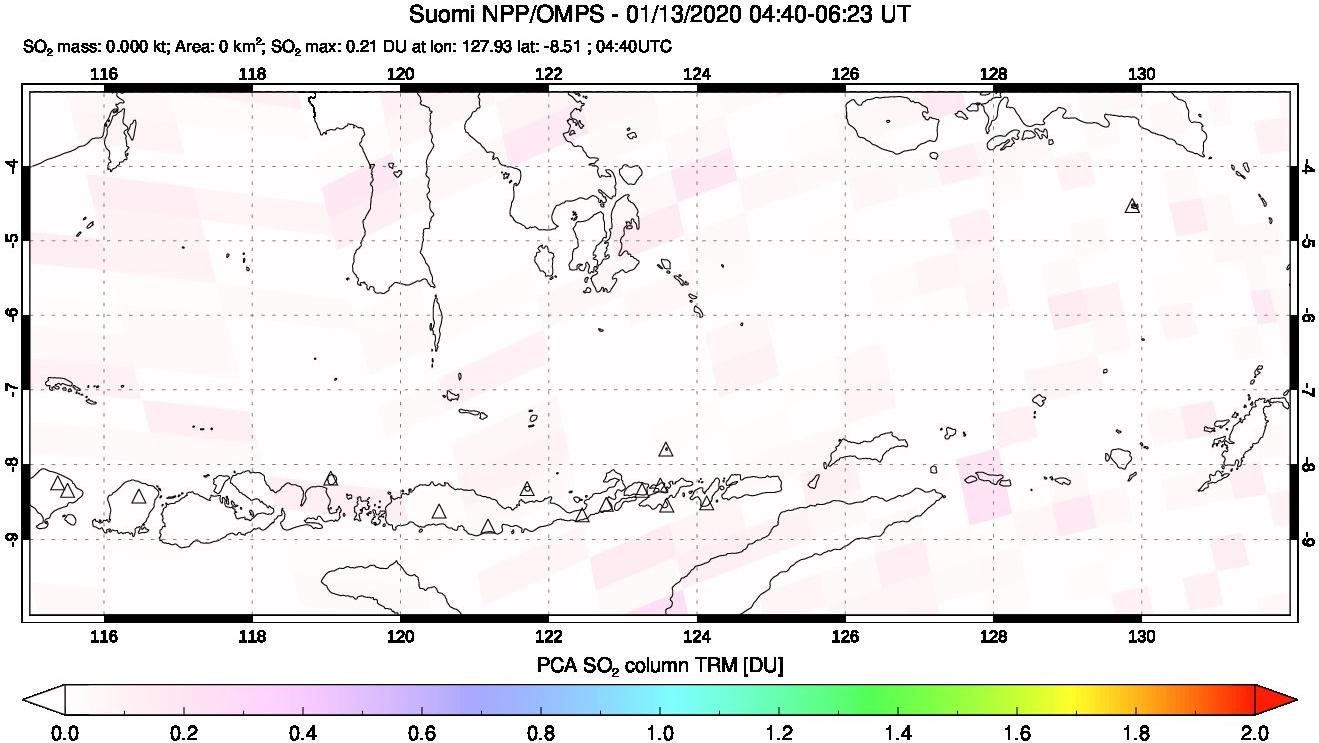 A sulfur dioxide image over Lesser Sunda Islands, Indonesia on Jan 13, 2020.