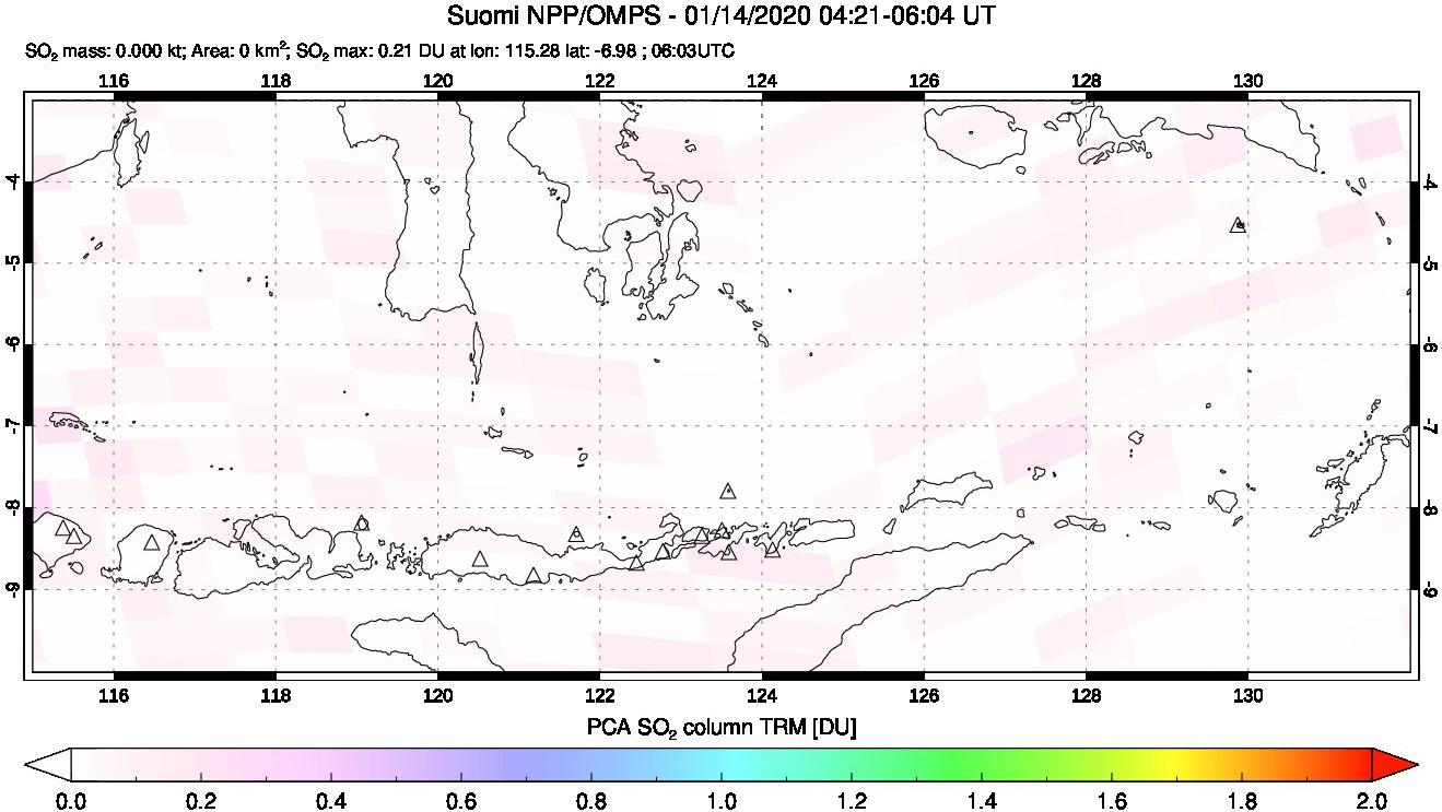 A sulfur dioxide image over Lesser Sunda Islands, Indonesia on Jan 14, 2020.