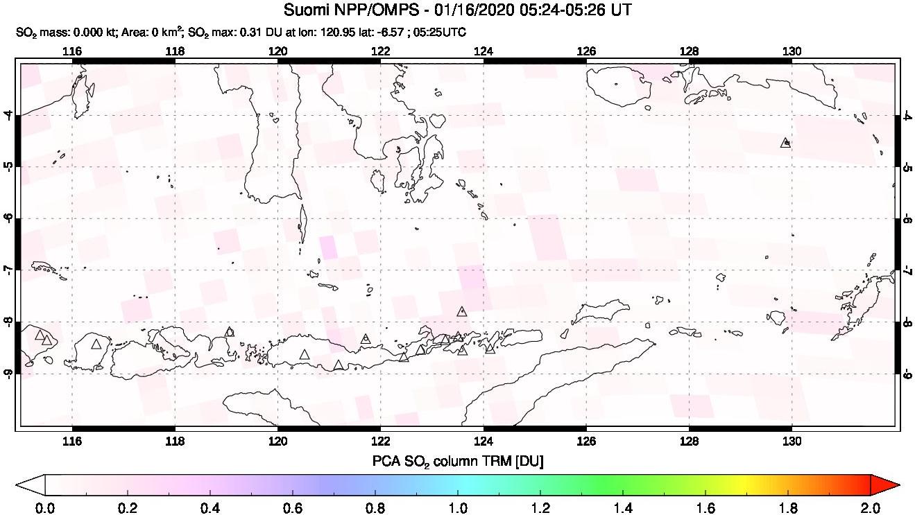 A sulfur dioxide image over Lesser Sunda Islands, Indonesia on Jan 16, 2020.