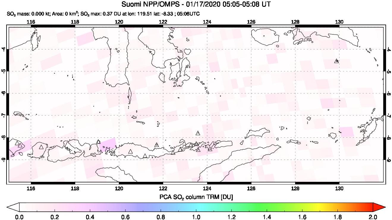 A sulfur dioxide image over Lesser Sunda Islands, Indonesia on Jan 17, 2020.