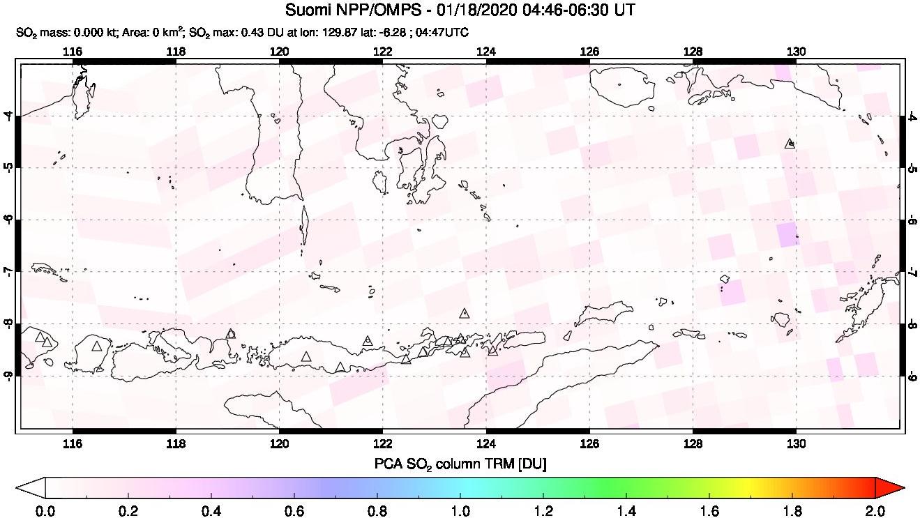 A sulfur dioxide image over Lesser Sunda Islands, Indonesia on Jan 18, 2020.
