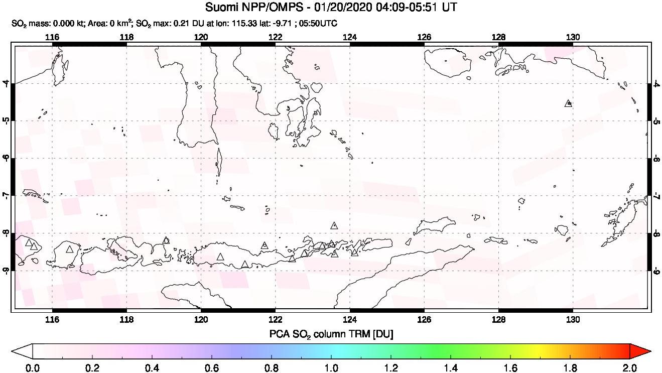 A sulfur dioxide image over Lesser Sunda Islands, Indonesia on Jan 20, 2020.