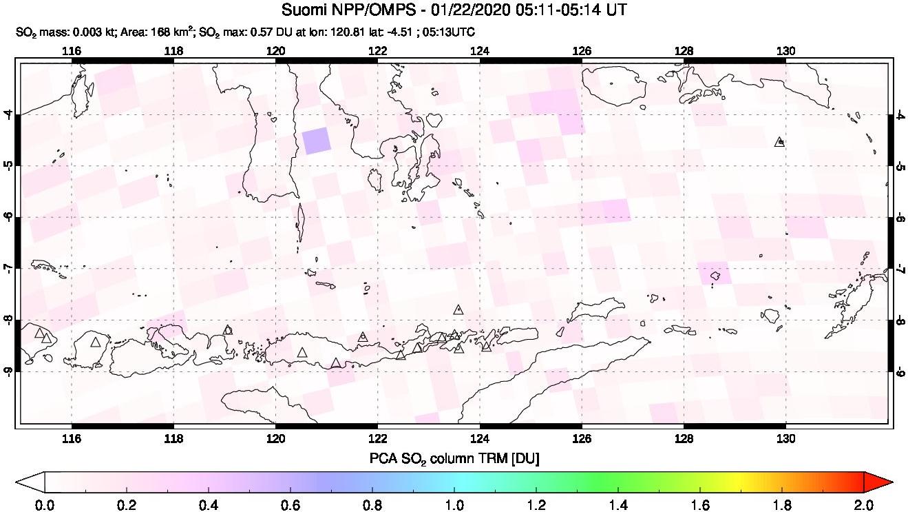 A sulfur dioxide image over Lesser Sunda Islands, Indonesia on Jan 22, 2020.