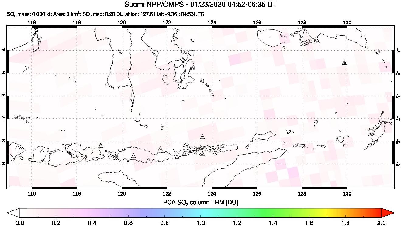 A sulfur dioxide image over Lesser Sunda Islands, Indonesia on Jan 23, 2020.