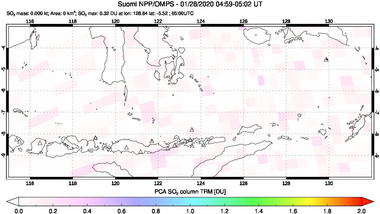 A sulfur dioxide image over Lesser Sunda Islands, Indonesia on Jan 28, 2020.