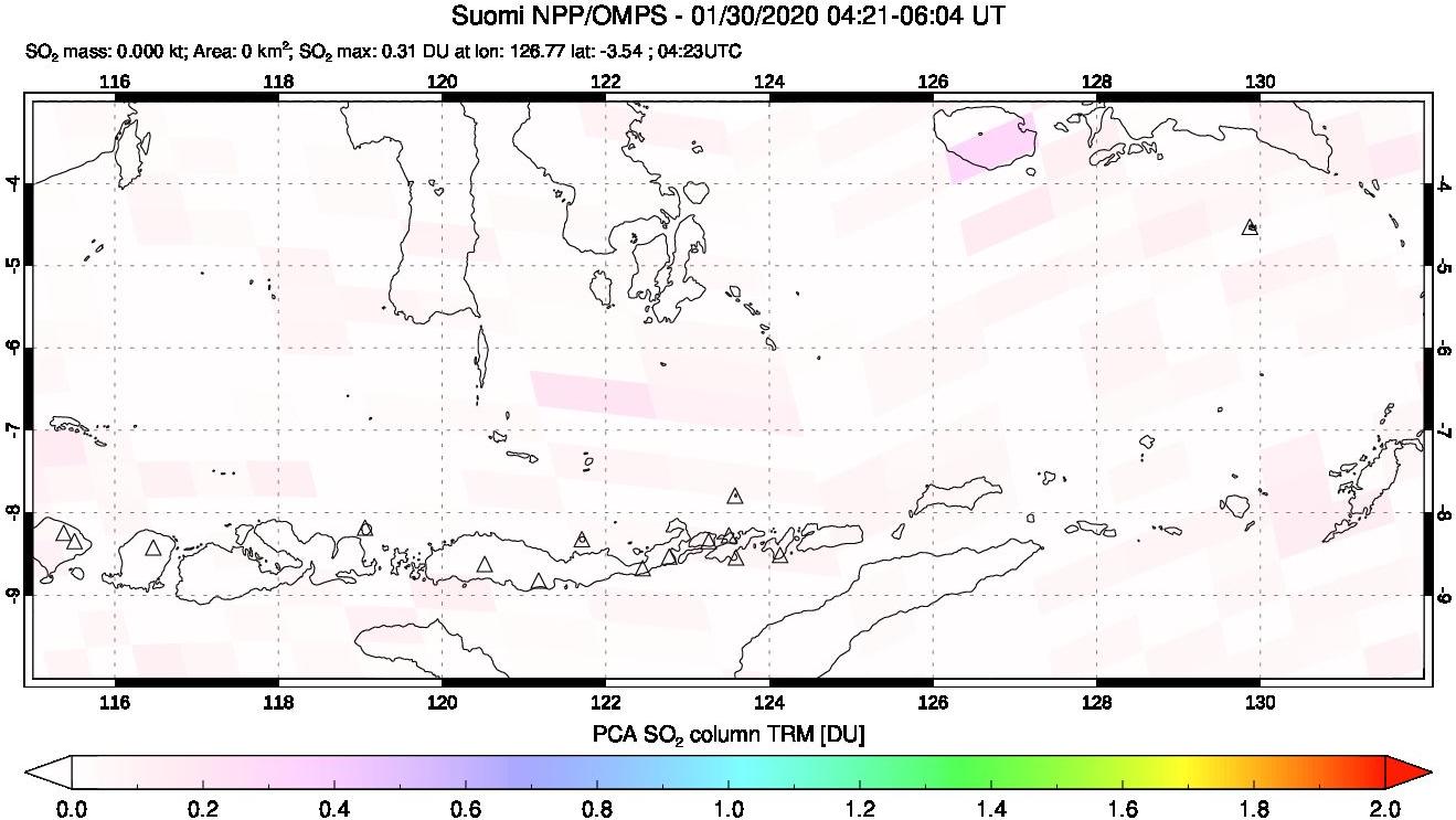 A sulfur dioxide image over Lesser Sunda Islands, Indonesia on Jan 30, 2020.