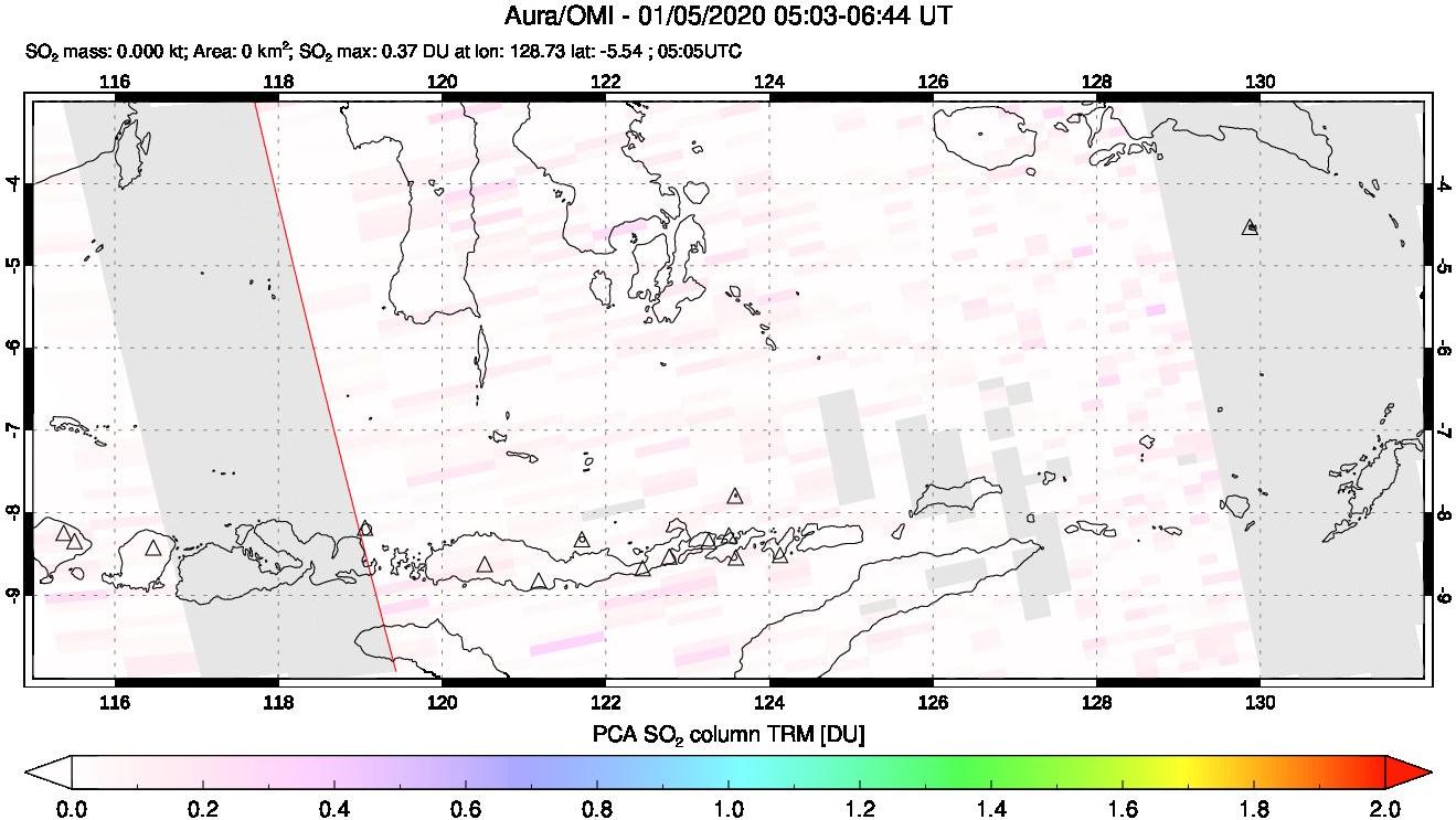 A sulfur dioxide image over Lesser Sunda Islands, Indonesia on Jan 05, 2020.