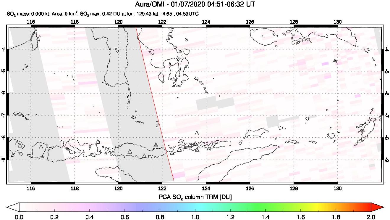 A sulfur dioxide image over Lesser Sunda Islands, Indonesia on Jan 07, 2020.