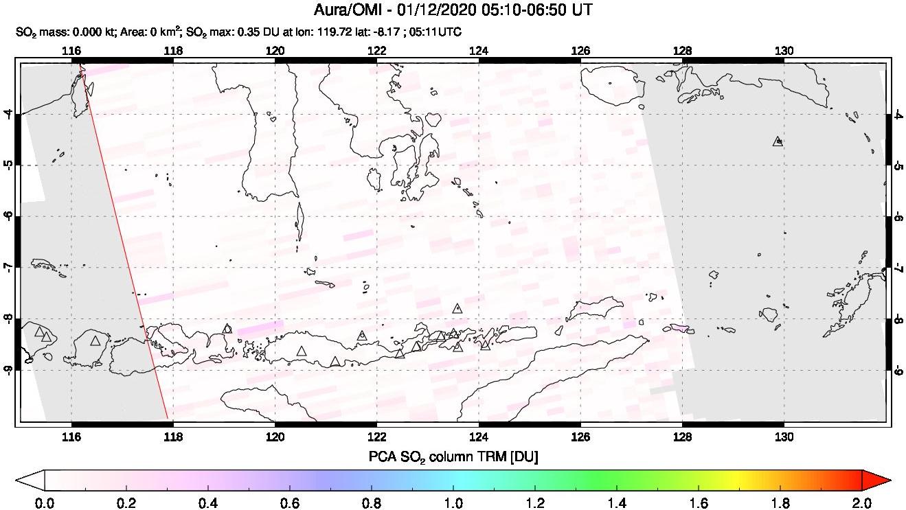 A sulfur dioxide image over Lesser Sunda Islands, Indonesia on Jan 12, 2020.