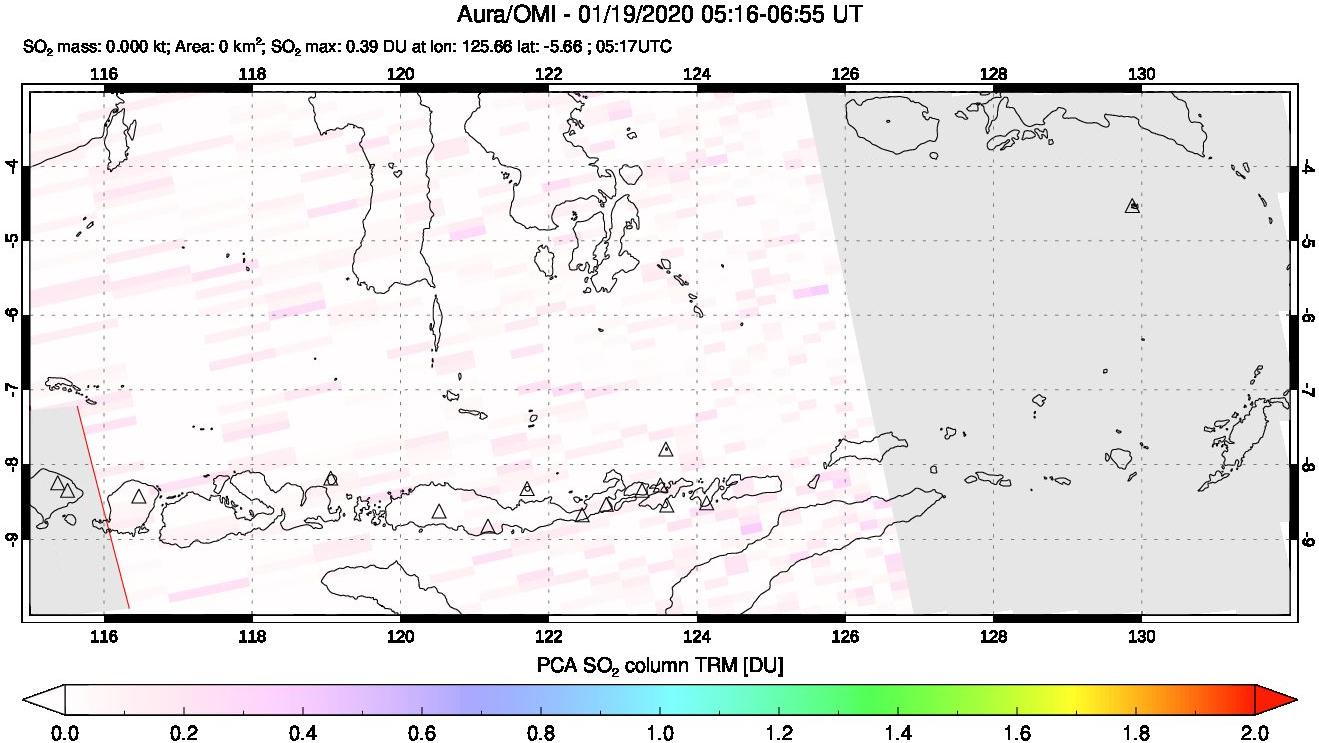 A sulfur dioxide image over Lesser Sunda Islands, Indonesia on Jan 19, 2020.