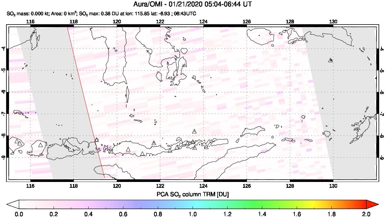 A sulfur dioxide image over Lesser Sunda Islands, Indonesia on Jan 21, 2020.