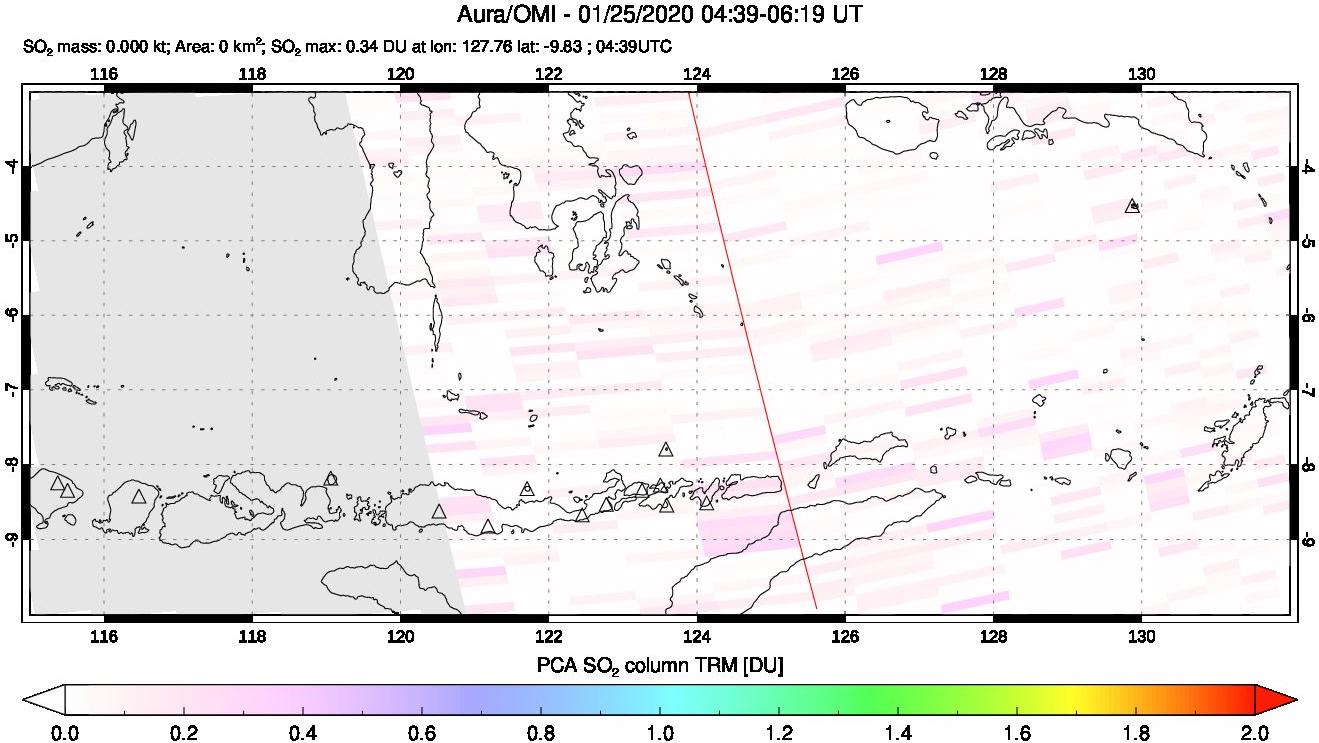 A sulfur dioxide image over Lesser Sunda Islands, Indonesia on Jan 25, 2020.