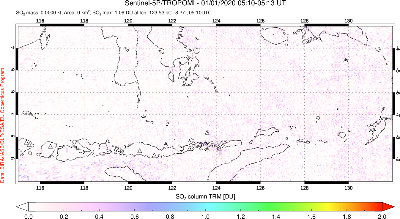 A sulfur dioxide image over Lesser Sunda Islands, Indonesia on Jan 01, 2020.