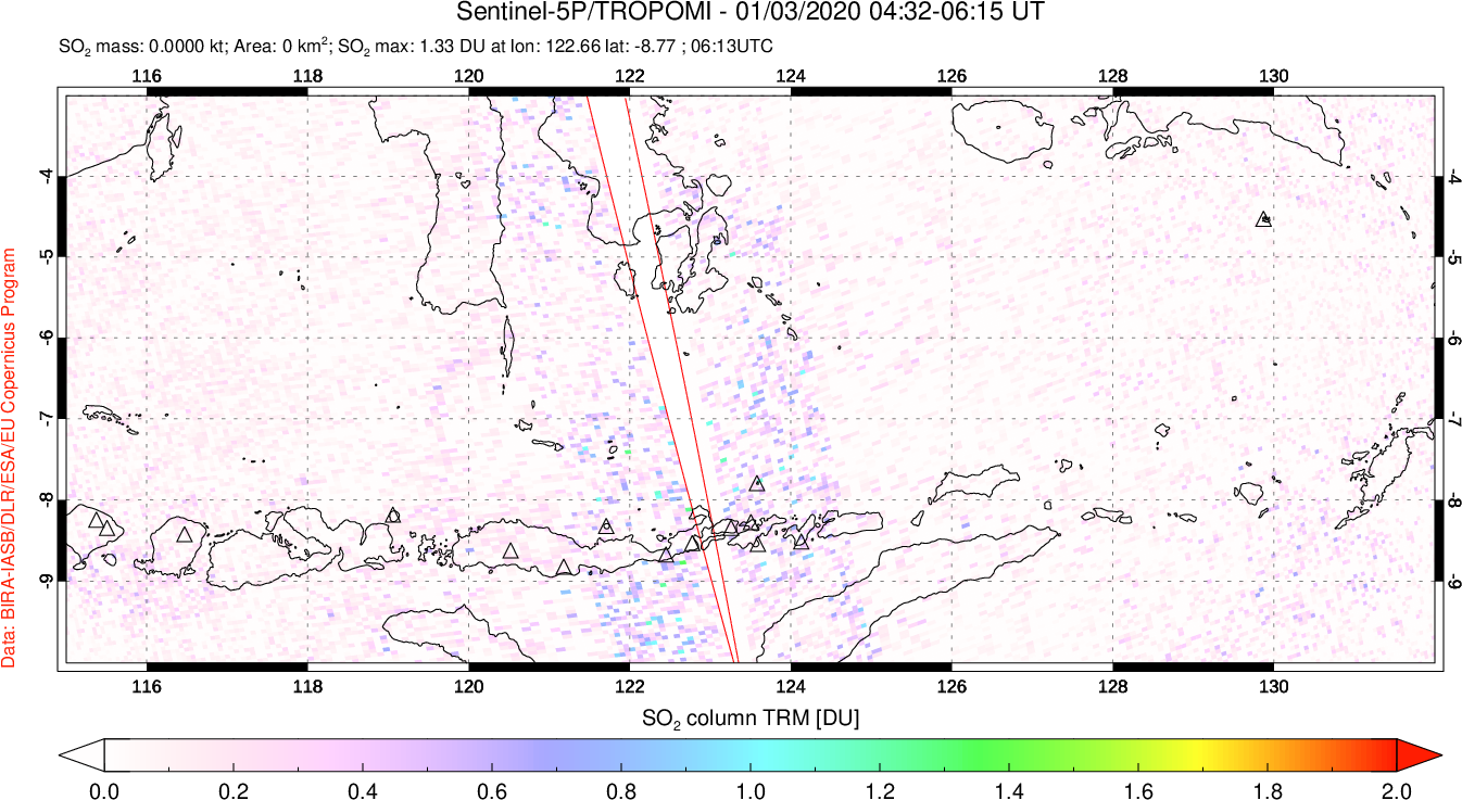 A sulfur dioxide image over Lesser Sunda Islands, Indonesia on Jan 03, 2020.