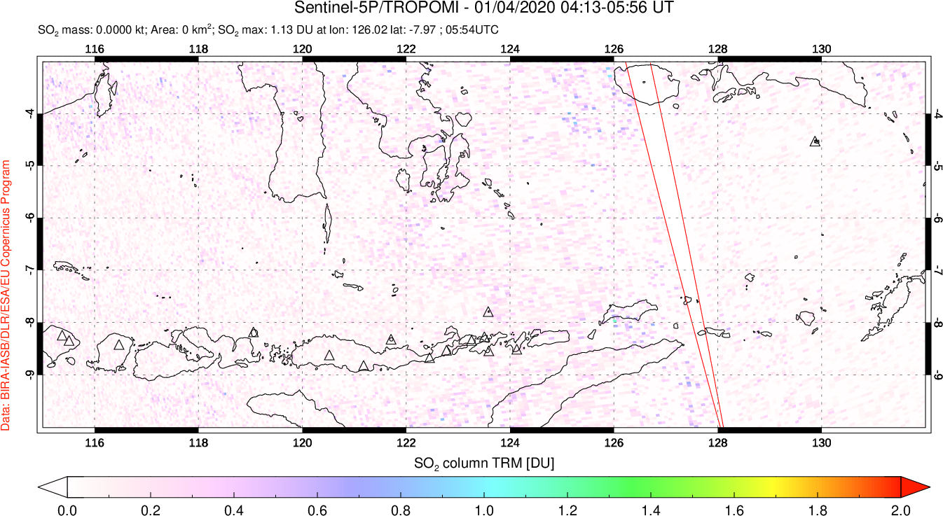A sulfur dioxide image over Lesser Sunda Islands, Indonesia on Jan 04, 2020.