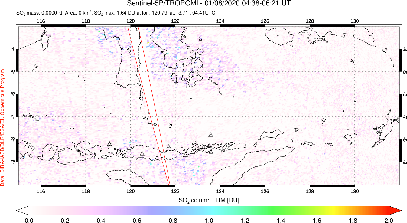 A sulfur dioxide image over Lesser Sunda Islands, Indonesia on Jan 08, 2020.