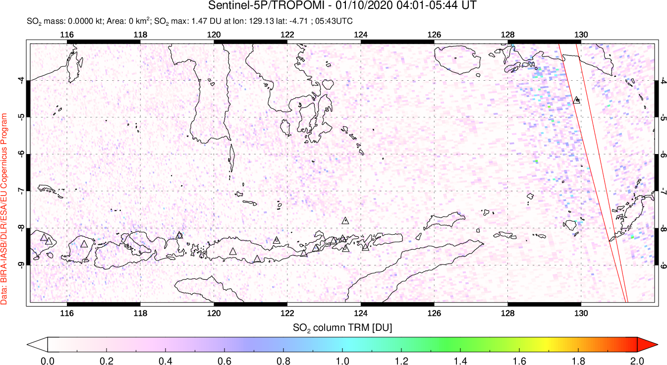 A sulfur dioxide image over Lesser Sunda Islands, Indonesia on Jan 10, 2020.