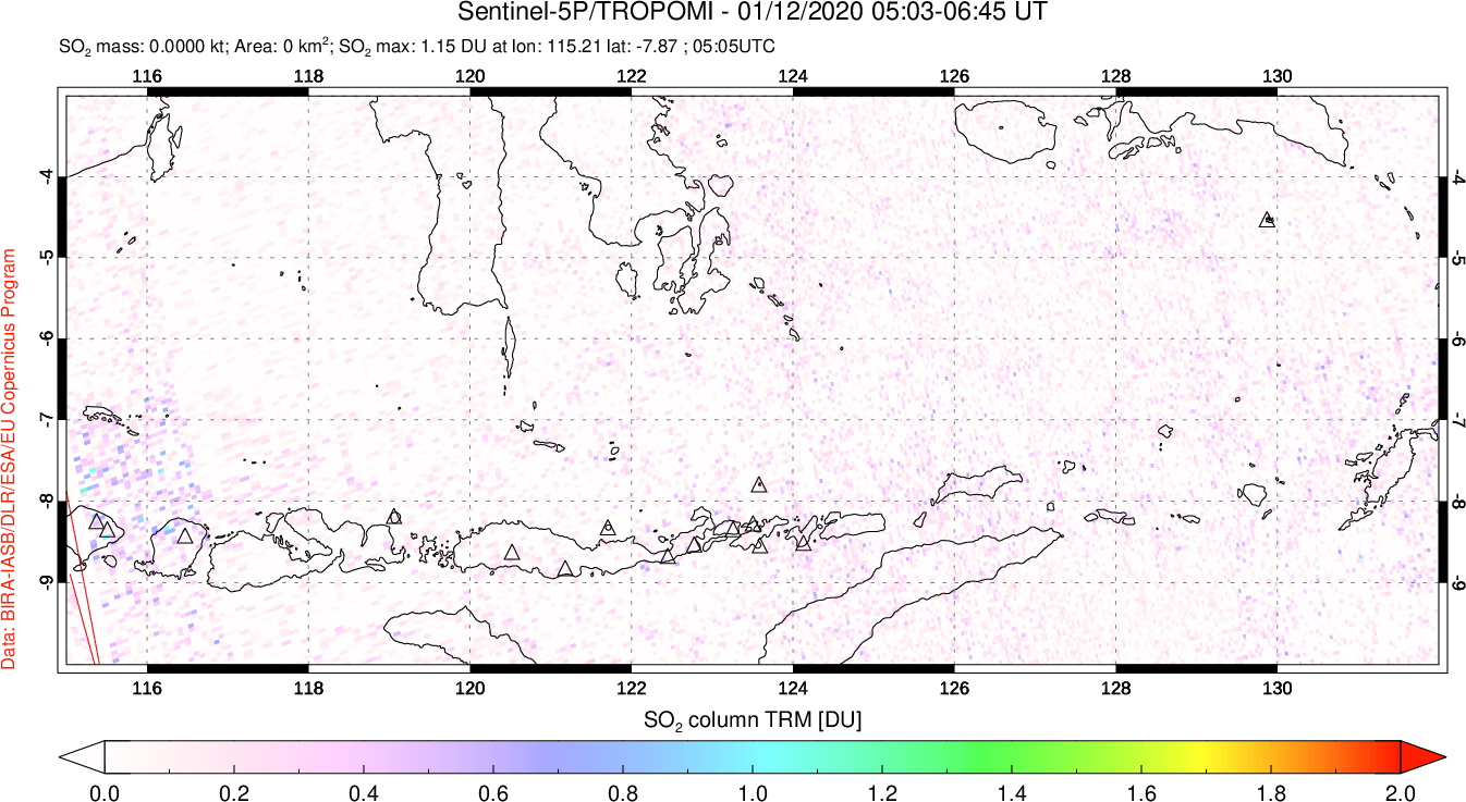 A sulfur dioxide image over Lesser Sunda Islands, Indonesia on Jan 12, 2020.