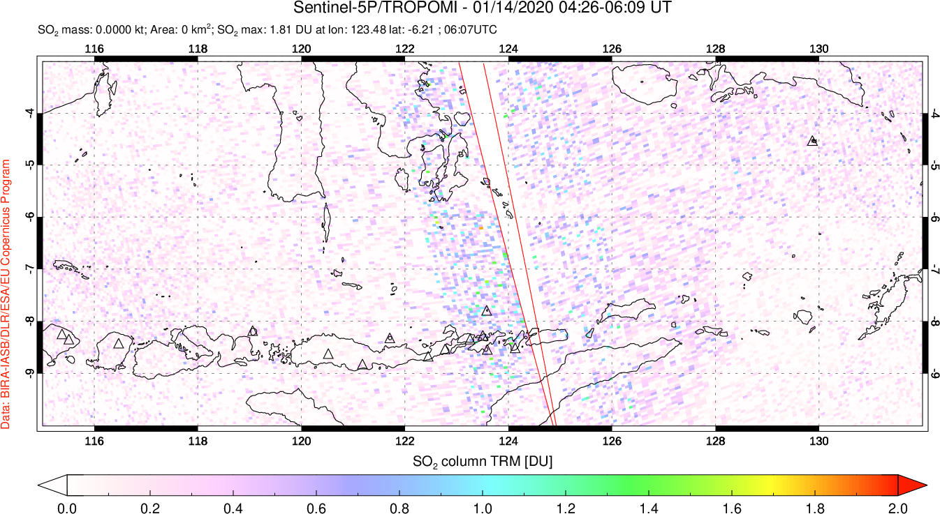 A sulfur dioxide image over Lesser Sunda Islands, Indonesia on Jan 14, 2020.