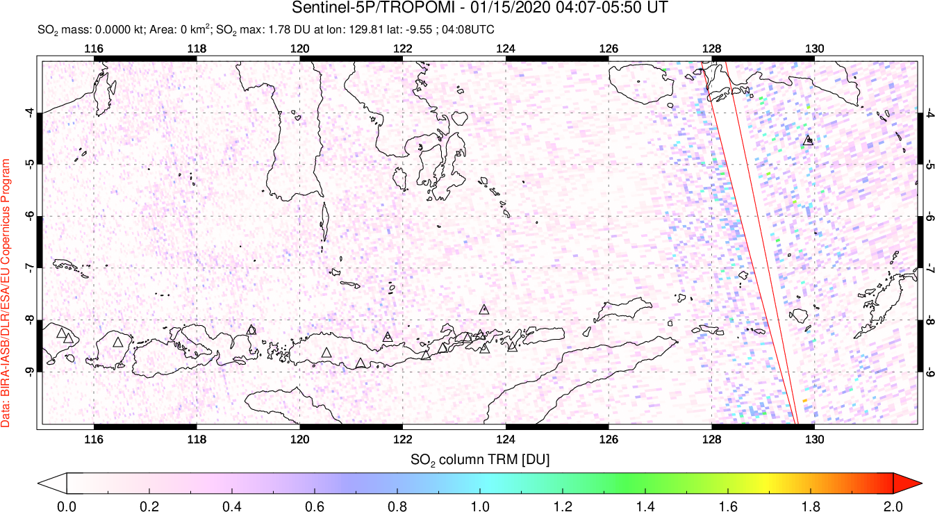 A sulfur dioxide image over Lesser Sunda Islands, Indonesia on Jan 15, 2020.