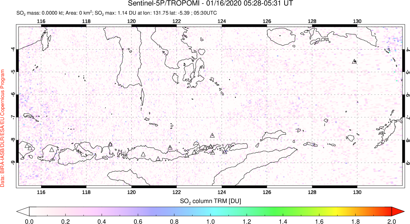 A sulfur dioxide image over Lesser Sunda Islands, Indonesia on Jan 16, 2020.