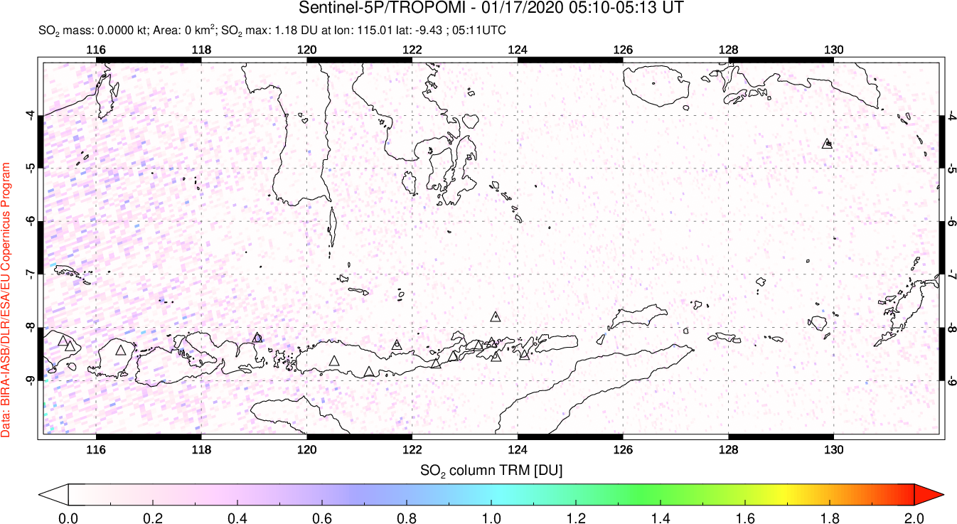 A sulfur dioxide image over Lesser Sunda Islands, Indonesia on Jan 17, 2020.