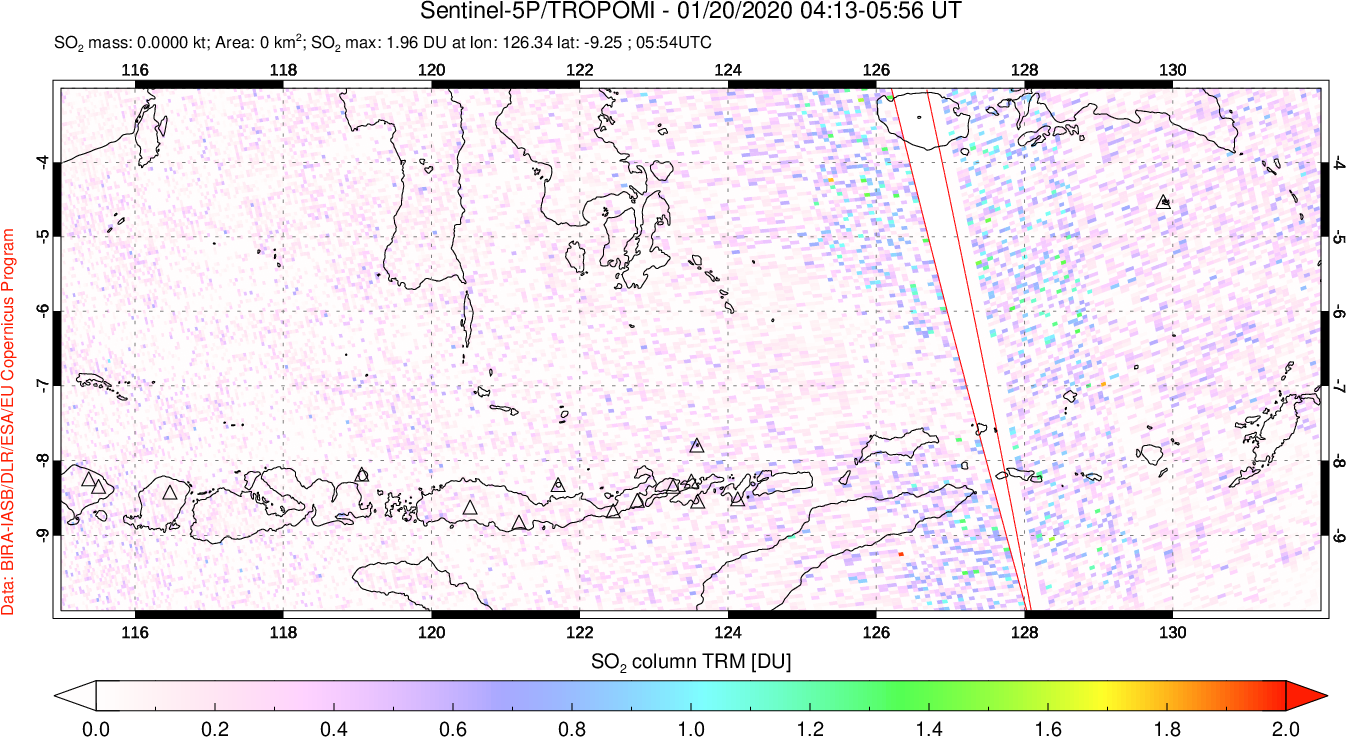 A sulfur dioxide image over Lesser Sunda Islands, Indonesia on Jan 20, 2020.