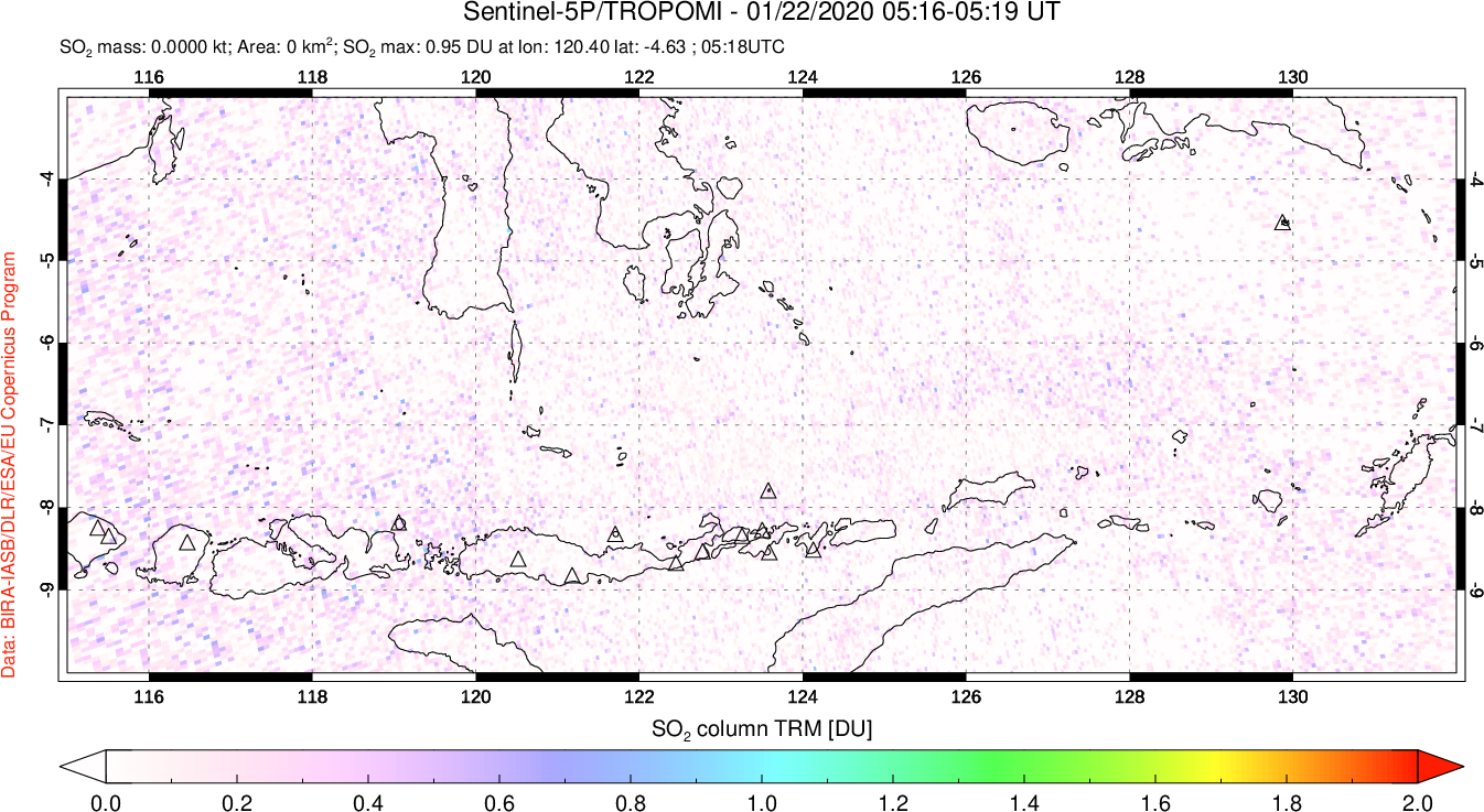 A sulfur dioxide image over Lesser Sunda Islands, Indonesia on Jan 22, 2020.