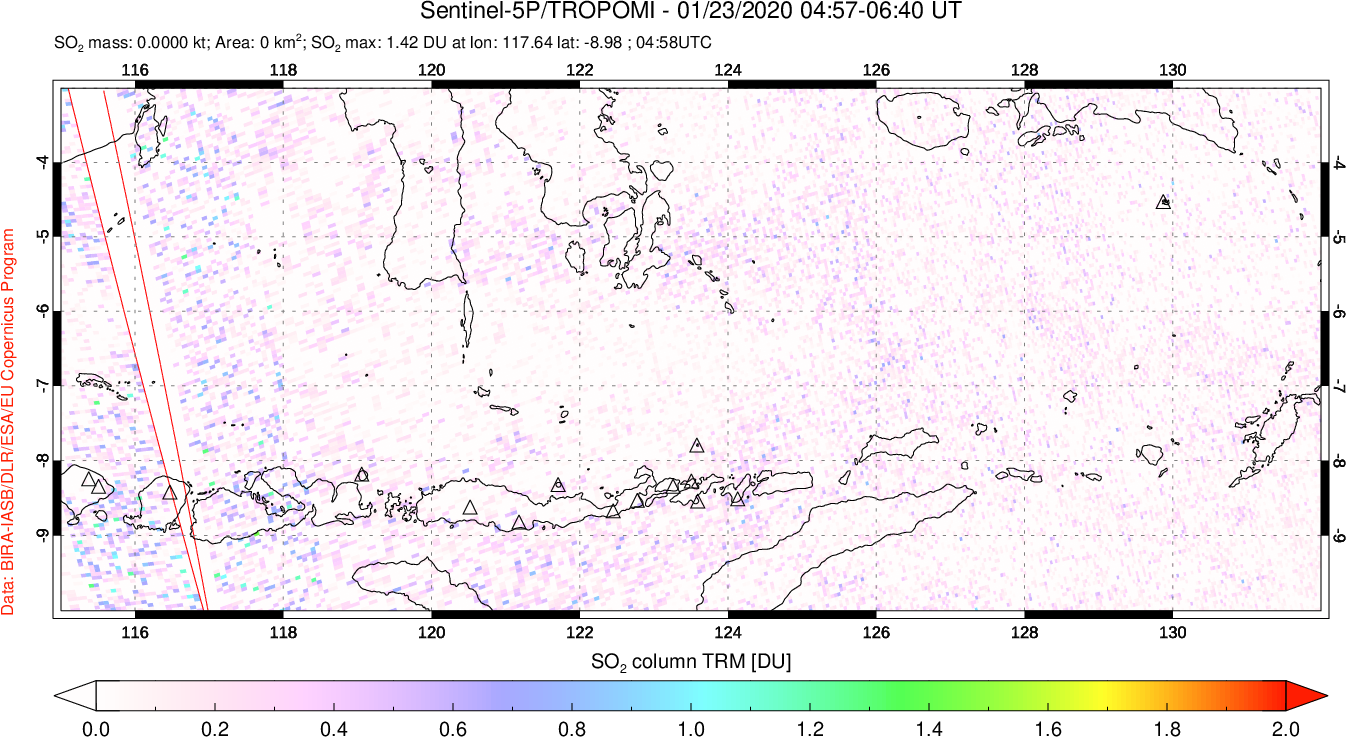 A sulfur dioxide image over Lesser Sunda Islands, Indonesia on Jan 23, 2020.