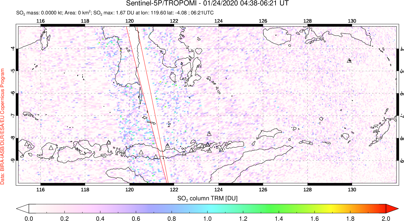 A sulfur dioxide image over Lesser Sunda Islands, Indonesia on Jan 24, 2020.