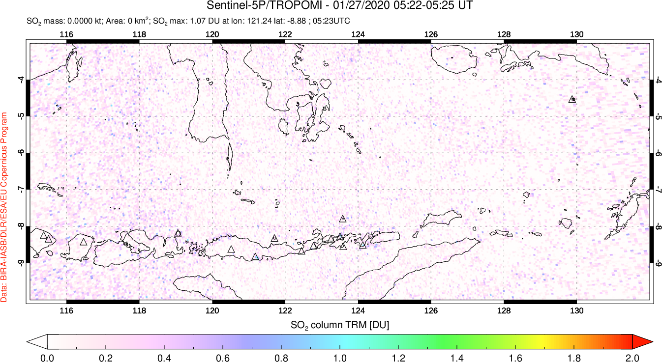 A sulfur dioxide image over Lesser Sunda Islands, Indonesia on Jan 27, 2020.