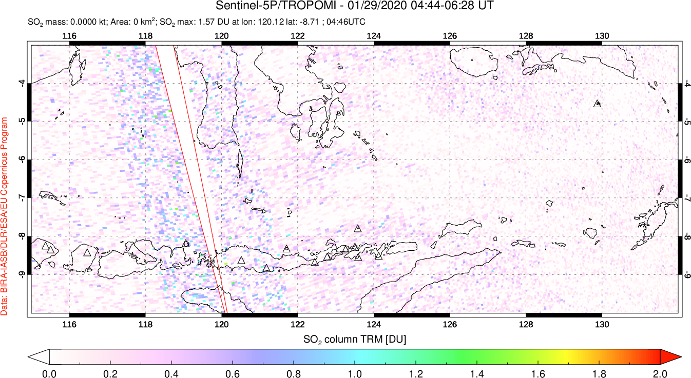 A sulfur dioxide image over Lesser Sunda Islands, Indonesia on Jan 29, 2020.
