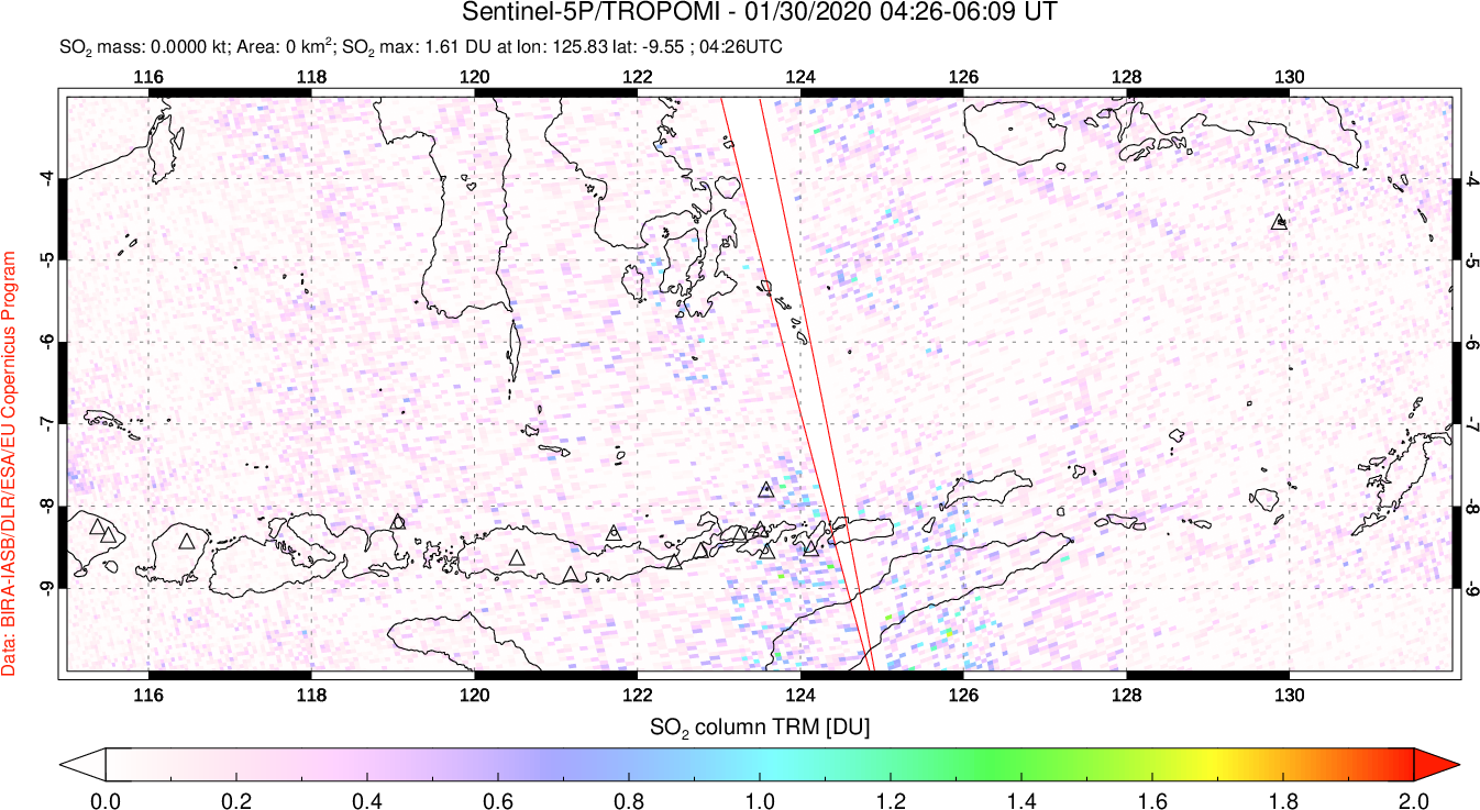 A sulfur dioxide image over Lesser Sunda Islands, Indonesia on Jan 30, 2020.