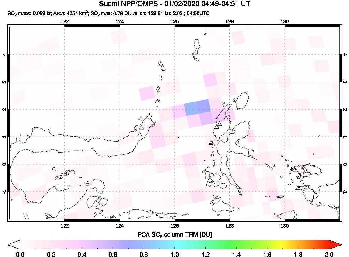 A sulfur dioxide image over Northern Sulawesi & Halmahera, Indonesia on Jan 02, 2020.