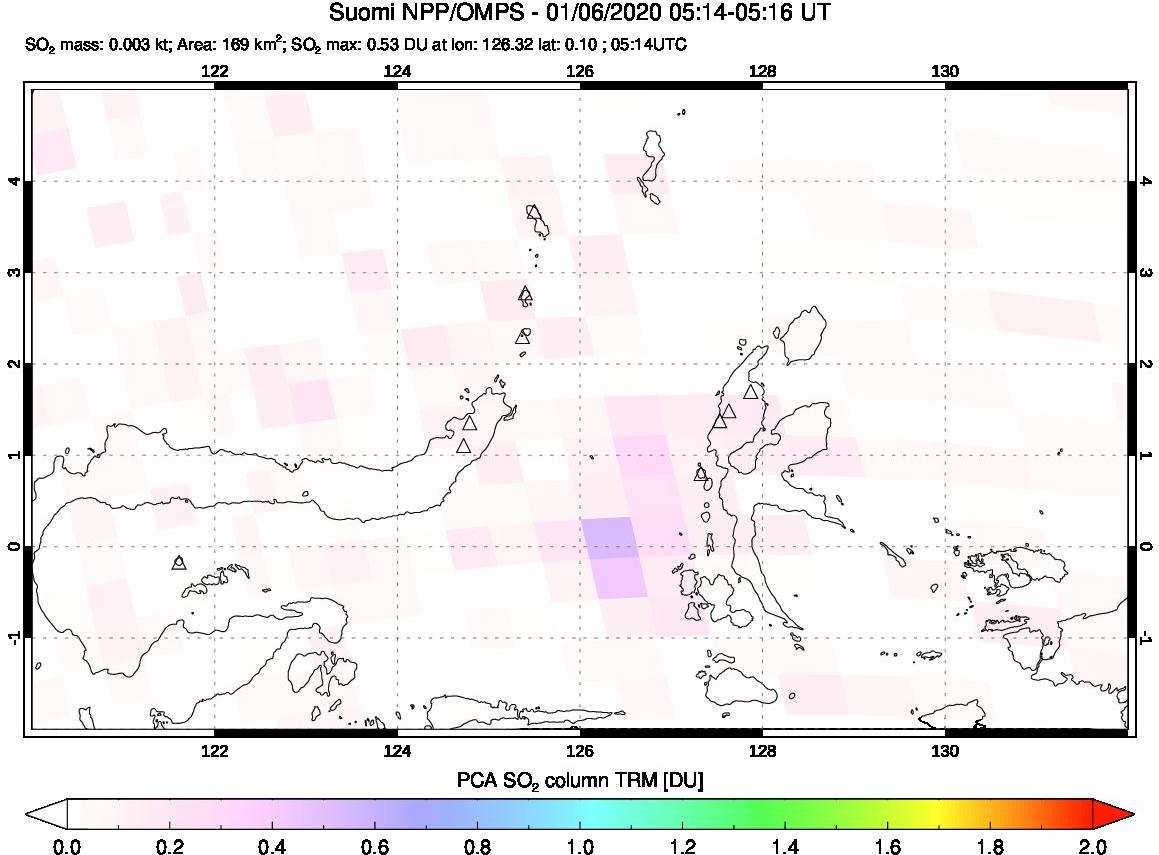 A sulfur dioxide image over Northern Sulawesi & Halmahera, Indonesia on Jan 06, 2020.